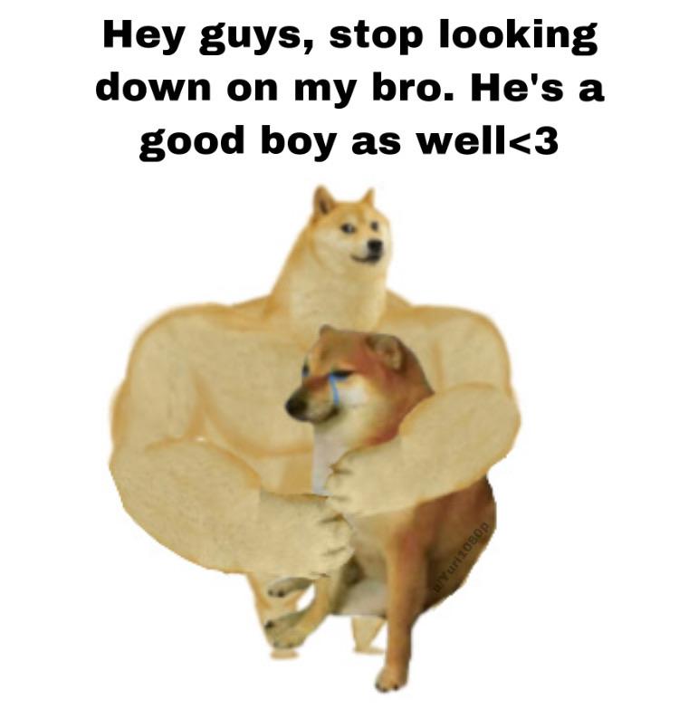 Doge and cheems hugging. Doge: Hey guys, stop looking down on my bro. He's a good boy as well