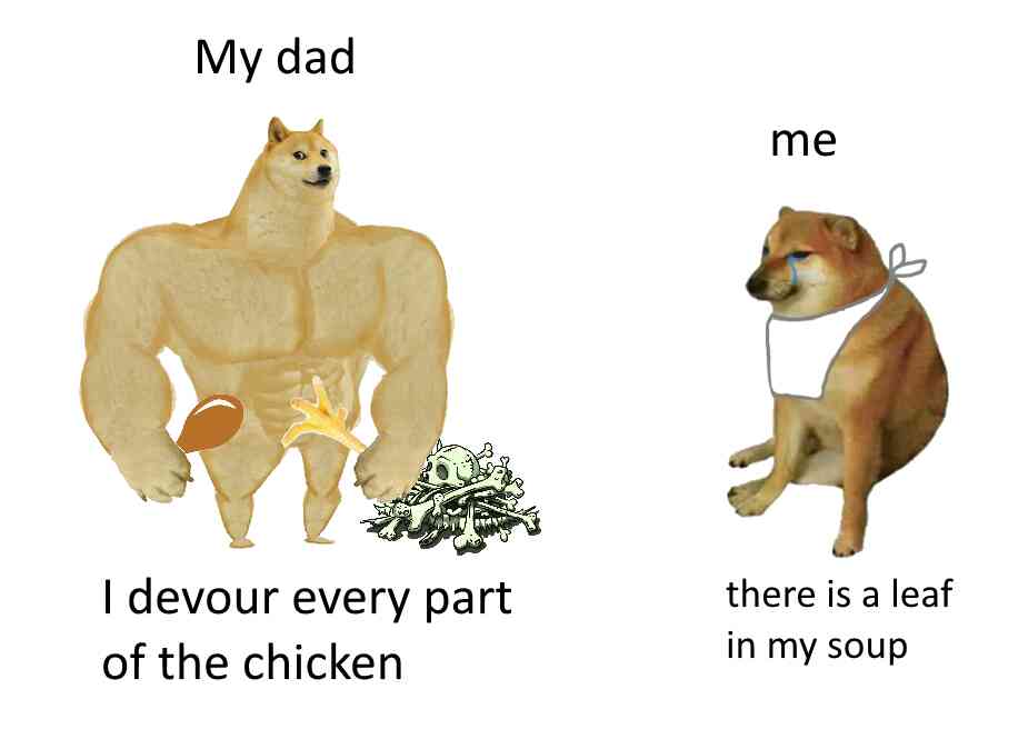 My dad: I devour every part of the chicken. Me: there is a leaf in my soup